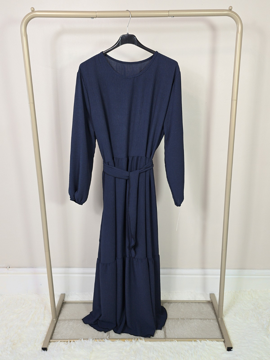 DOB133 - Women's Maxi Tiered Dress with Long Elastic Cuff Sleeves and Waist Belt One Size UK8-18