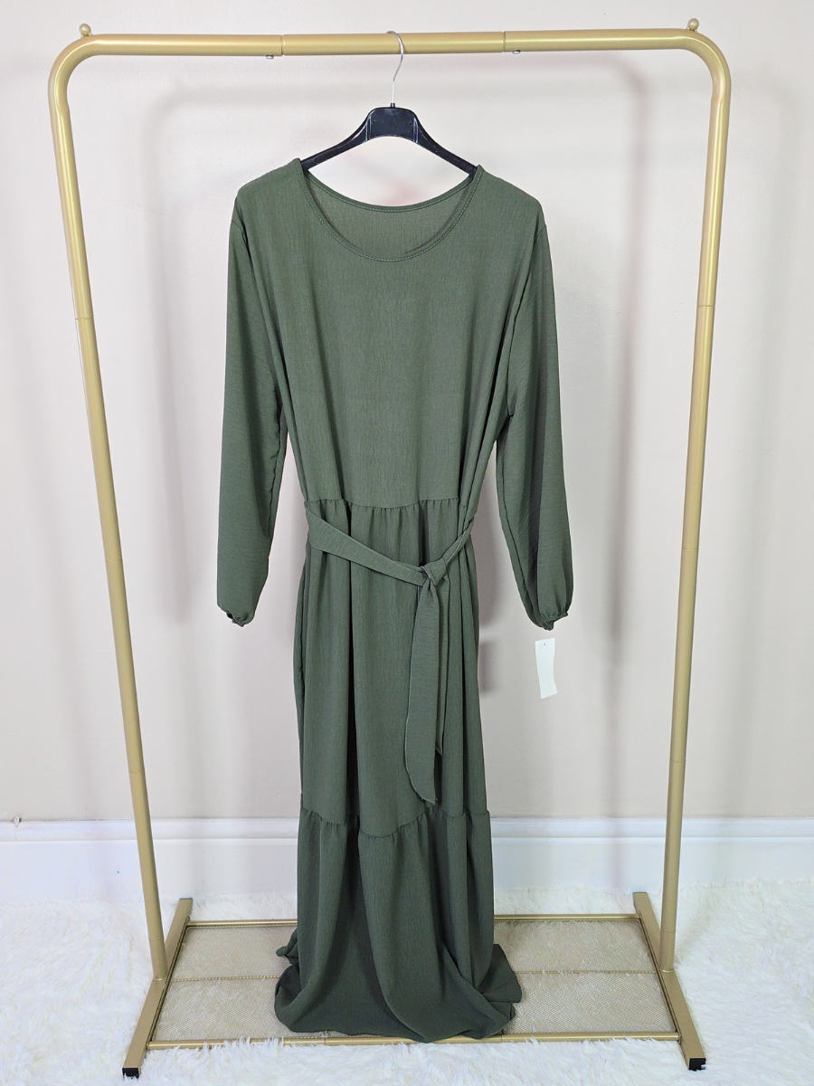 DOB133 - Women's Maxi Tiered Dress with Long Elastic Cuff Sleeves and Waist Belt One Size UK8-18