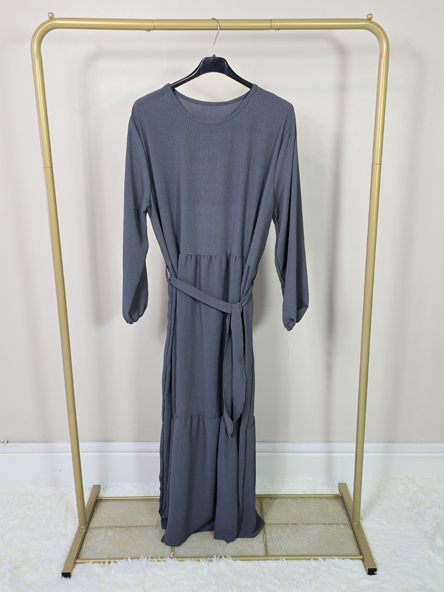 DOB133 - Women's Maxi Tiered Dress with Long Elastic Cuff Sleeves and Waist Belt One Size UK8-18