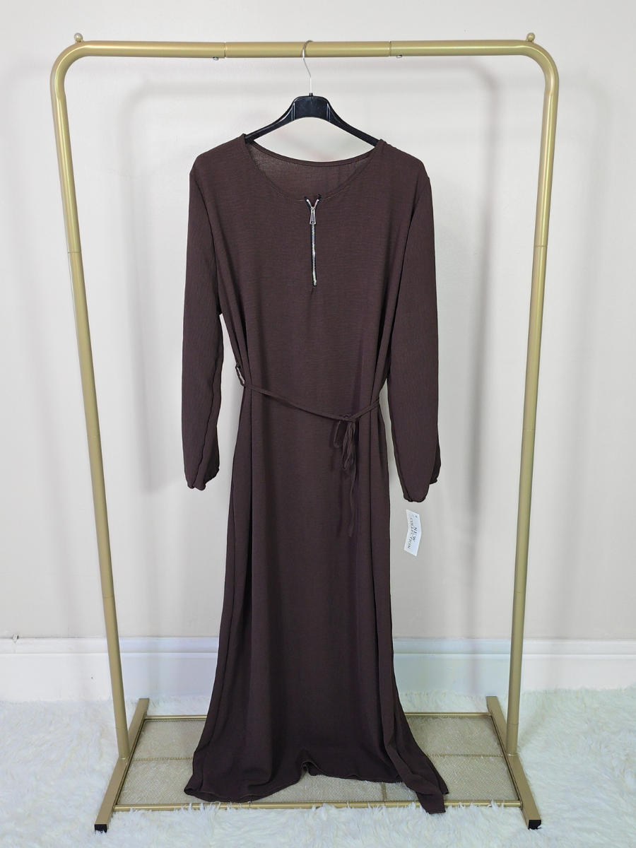 DOB132 - Women's Maxi Dress Abaya with Elastic Cuff Sleeves, Zipper and Waist Belt One Size UK8-18