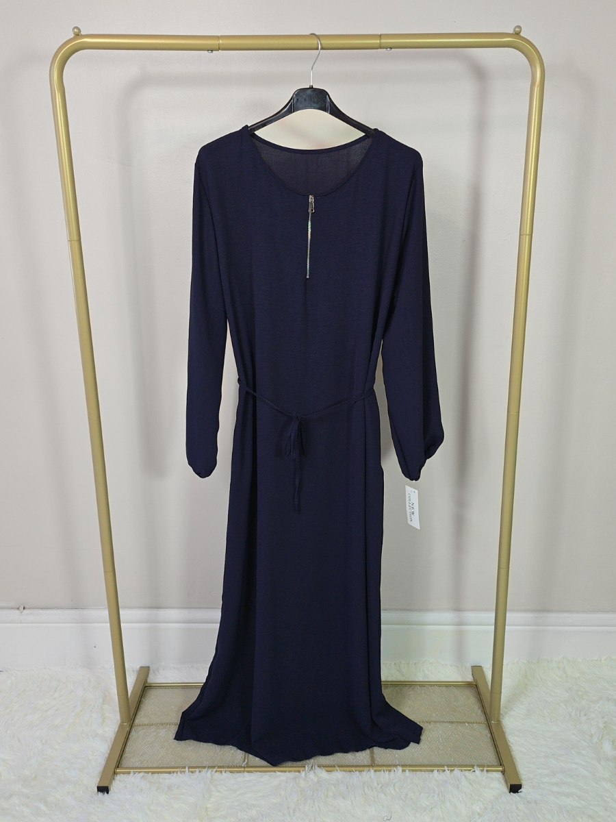 DOB132 - Women's Maxi Dress Abaya with Elastic Cuff Sleeves, Zipper and Waist Belt One Size UK8-18