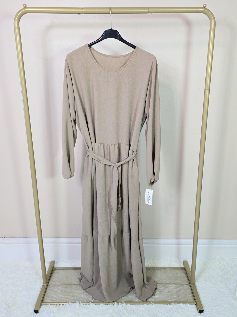 DOB133 - Women's Maxi Tiered Dress with Long Elastic Cuff Sleeves and Waist Belt One Size UK8-18