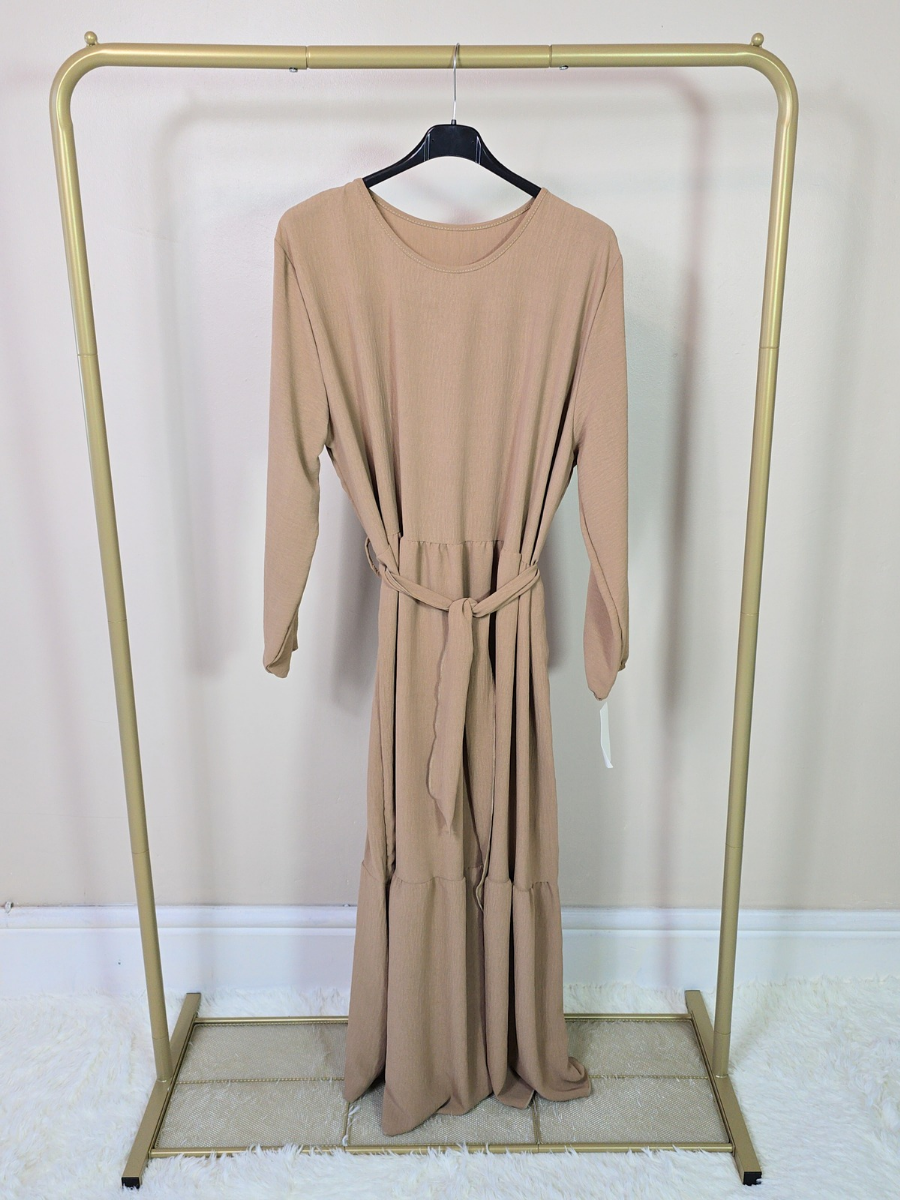 DOB133 - Women's Maxi Tiered Dress with Long Elastic Cuff Sleeves and Waist Belt One Size UK8-18