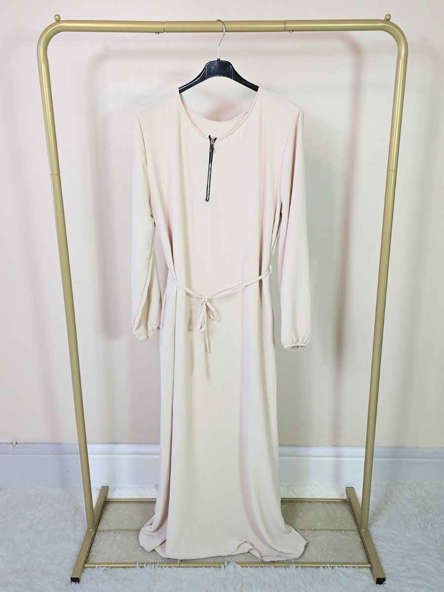 DOB132 - Women's Maxi Dress Abaya with Elastic Cuff Sleeves, Zipper and Waist Belt One Size UK8-18