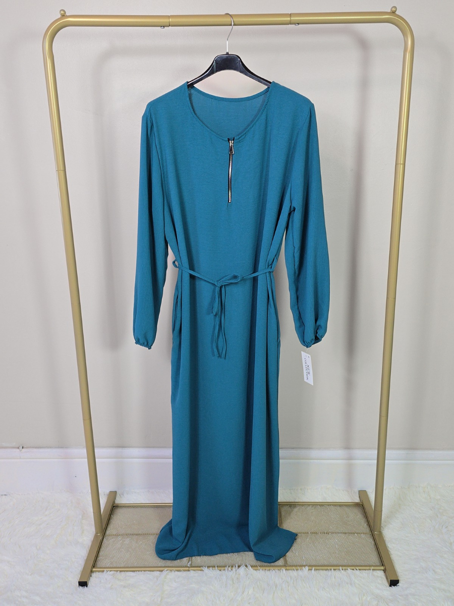 DOB132 - Women's Maxi Dress Abaya with Elastic Cuff Sleeves, Zipper and Waist Belt One Size UK8-18