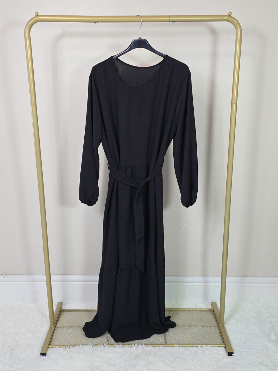 DOB133 - Women's Maxi Tiered Dress with Long Elastic Cuff Sleeves and Waist Belt One Size UK8-18