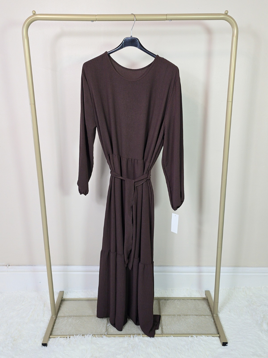 DOB133 - Women's Maxi Tiered Dress with Long Elastic Cuff Sleeves and Waist Belt One Size UK8-18