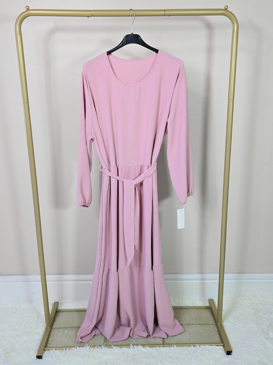 DOB133 - Women's Maxi Tiered Dress with Long Elastic Cuff Sleeves and Waist Belt One Size UK8-18