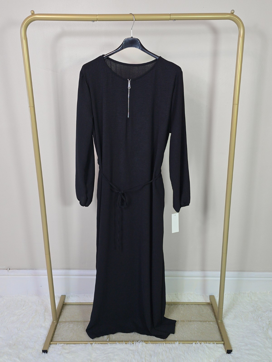 DOB132 - Women's Maxi Dress Abaya with Elastic Cuff Sleeves, Zipper and Waist Belt One Size UK8-18