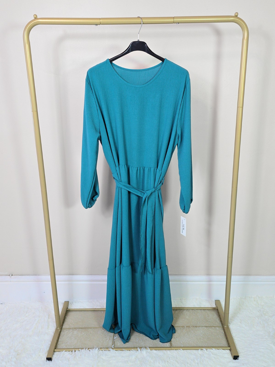 DOB133 - Women's Maxi Tiered Dress with Long Elastic Cuff Sleeves and Waist Belt One Size UK8-18