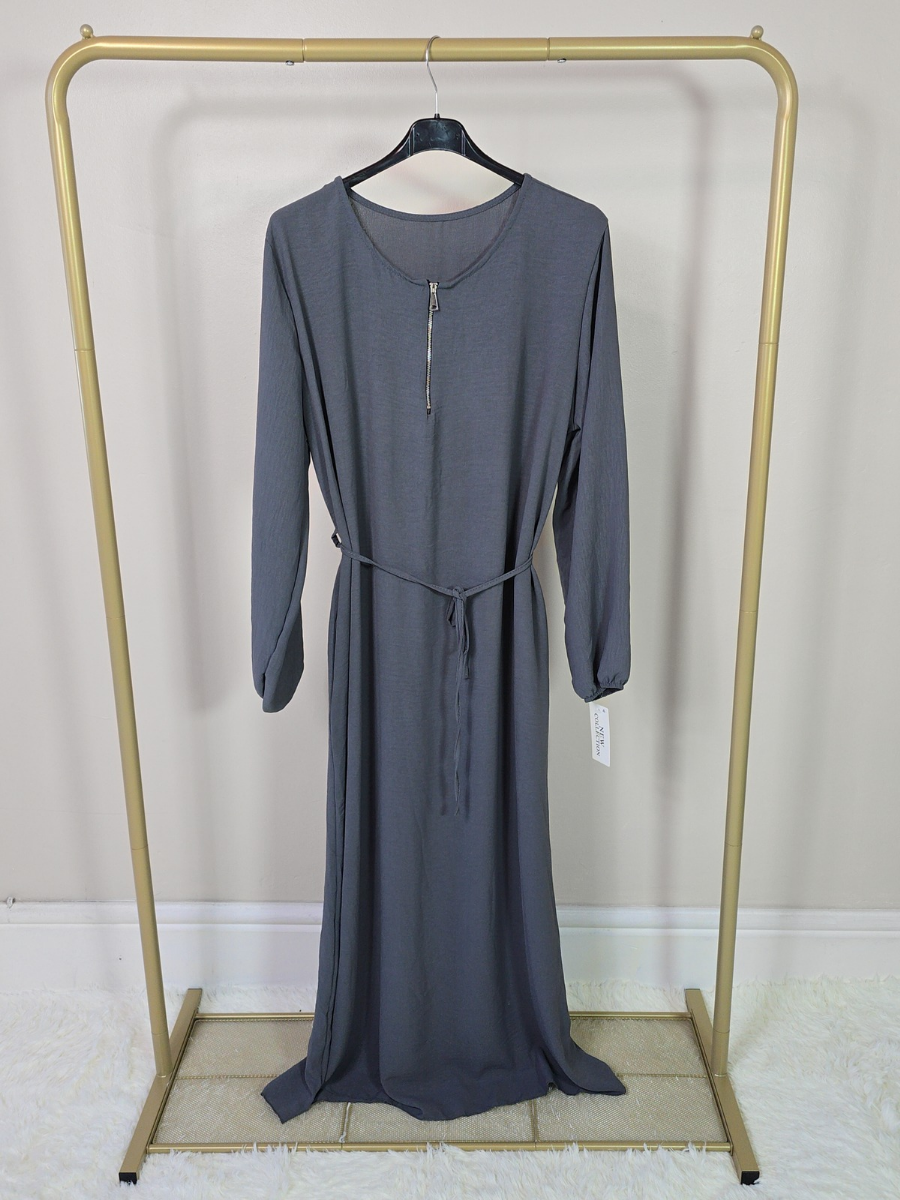 DOB132 - Women's Maxi Dress Abaya with Elastic Cuff Sleeves, Zipper and Waist Belt One Size UK8-18