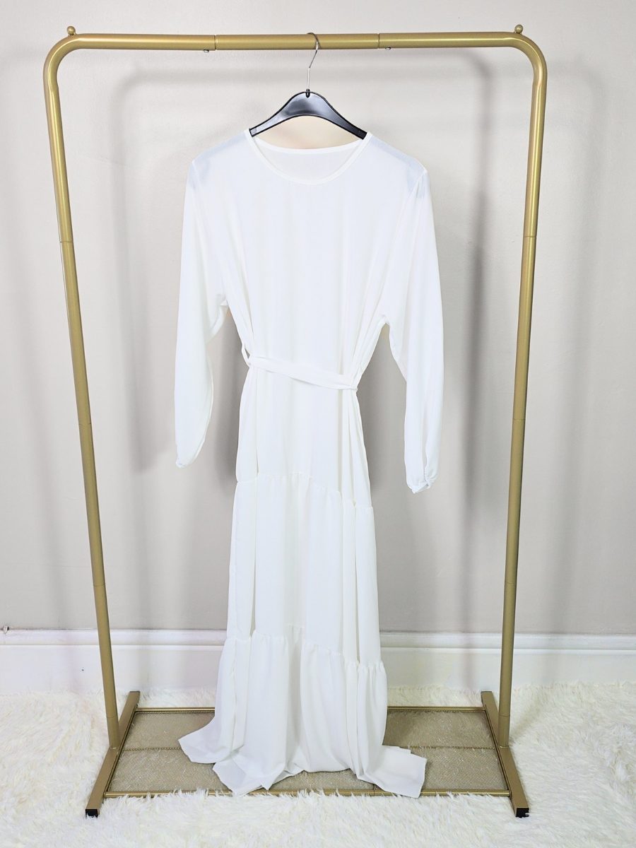 DOB133 - Women's Maxi Tiered Dress with Long Elastic Cuff Sleeves and Waist Belt One Size UK8-18