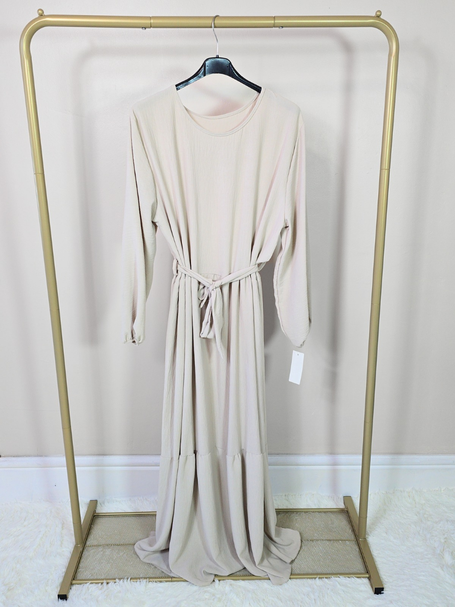 DOB133 - Women's Maxi Tiered Dress with Long Elastic Cuff Sleeves and Waist Belt One Size UK8-18