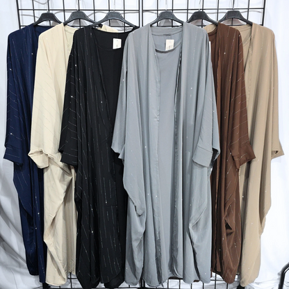 DOB83 - Women's Silky Batwing Style Open Abaya with Sleeveless Inner Slip and Diamante Details on Open Abaya UK8-16
