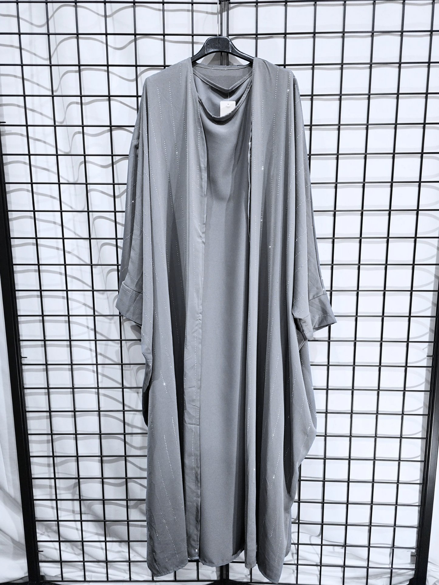 DOB83 - Women's Silky Batwing Style Open Abaya with Sleeveless Inner Slip and Diamante Details on Open Abaya UK8-16