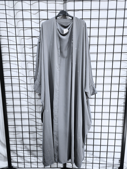 DOB83 - Women's Silky Batwing Style Open Abaya with Sleeveless Inner Slip and Diamante Details on Open Abaya UK8-16