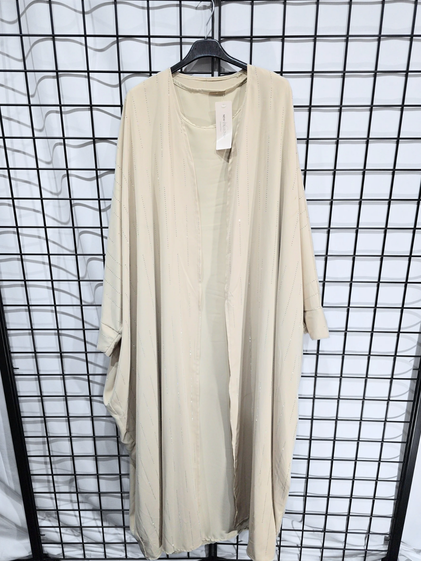 DOB83 - Women's Silky Batwing Style Open Abaya with Sleeveless Inner Slip and Diamante Details on Open Abaya UK8-16