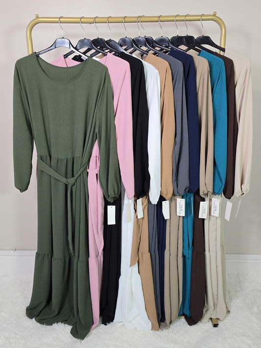 DOB133 - Women's Maxi Tiered Dress with Long Elastic Cuff Sleeves and Waist Belt One Size UK8-18