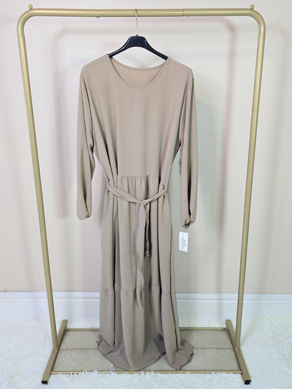 DOB133 - Women's Maxi Tiered Dress with Long Elastic Cuff Sleeves and Waist Belt One Size UK8-18
