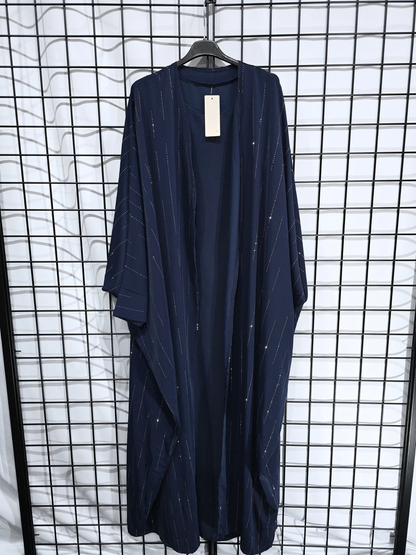 DOB83 - Women's Silky Batwing Style Open Abaya with Sleeveless Inner Slip and Diamante Details on Open Abaya UK8-16
