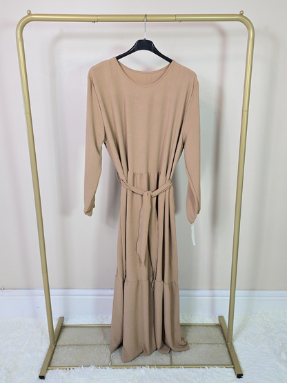 DOB133 - Women's Maxi Tiered Dress with Long Elastic Cuff Sleeves and Waist Belt One Size UK8-18
