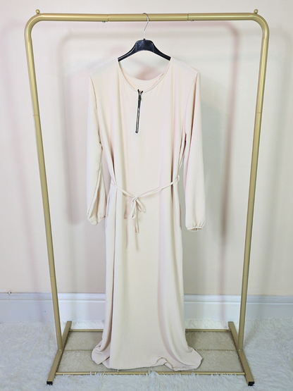 DOB132 - Women's Maxi Dress Abaya with Elastic Cuff Sleeves, Zipper and Waist Belt One Size UK8-18