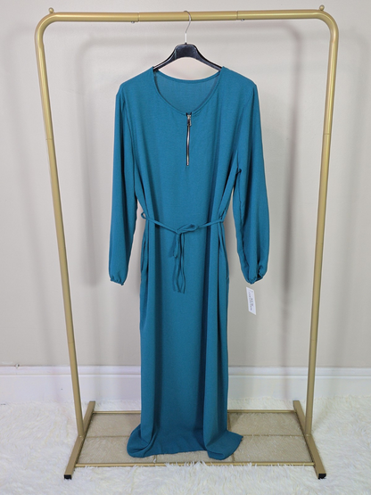 DOB132 - Women's Maxi Dress Abaya with Elastic Cuff Sleeves, Zipper and Waist Belt One Size UK8-18