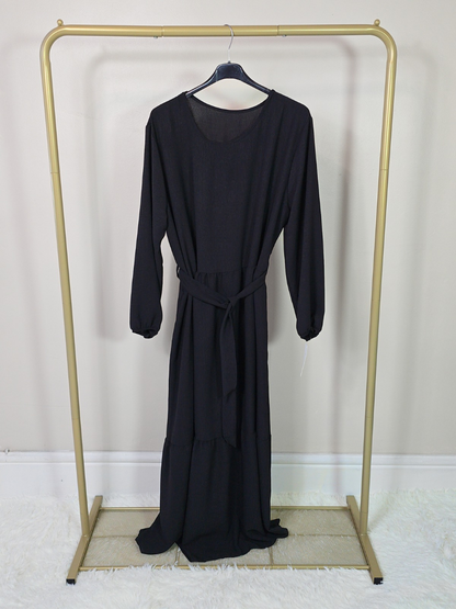 DOB133 - Women's Maxi Tiered Dress with Long Elastic Cuff Sleeves and Waist Belt One Size UK8-18