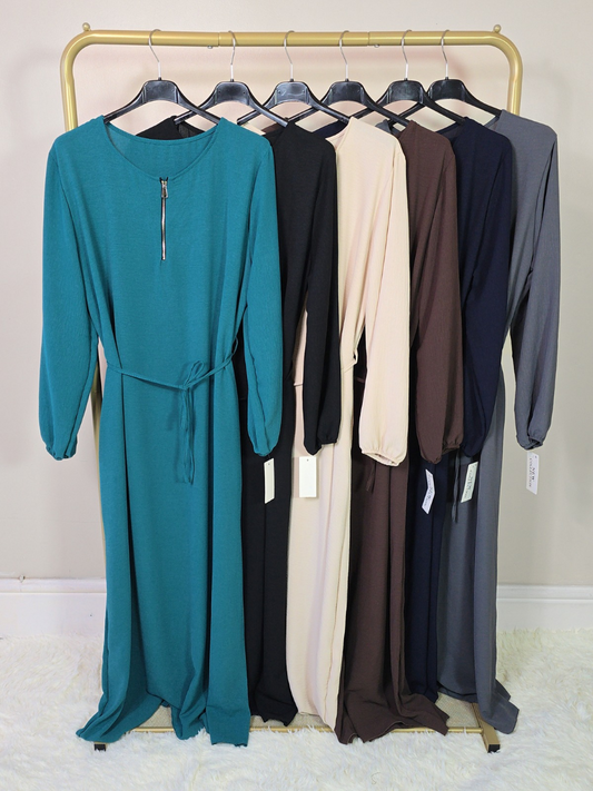 DOB132 - Women's Maxi Dress Abaya with Elastic Cuff Sleeves, Zipper and Waist Belt One Size UK8-18