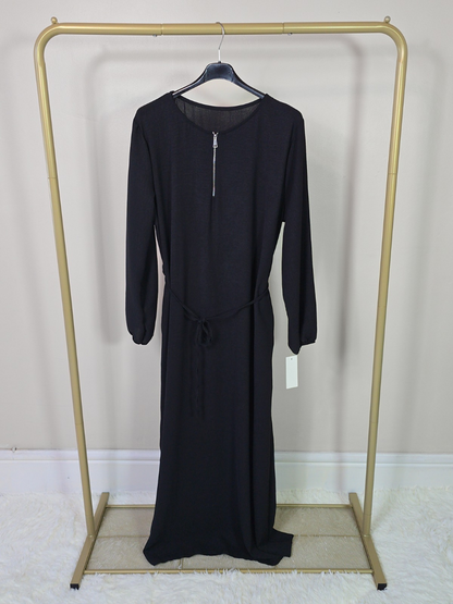 DOB132 - Women's Maxi Dress Abaya with Elastic Cuff Sleeves, Zipper and Waist Belt One Size UK8-18