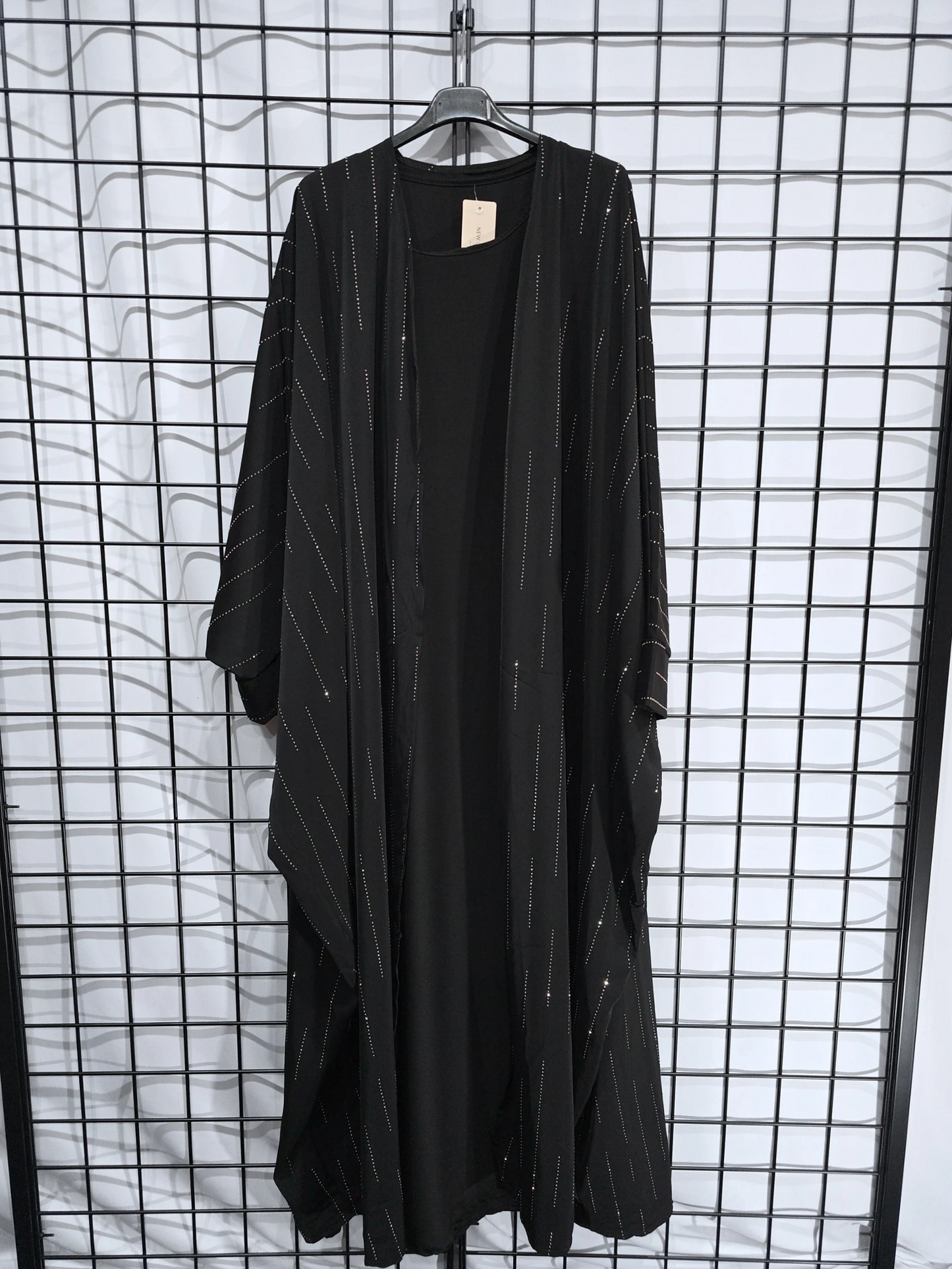 DOB83 - Women's Silky Batwing Style Open Abaya with Sleeveless Inner Slip and Diamante Details on Open Abaya UK8-16