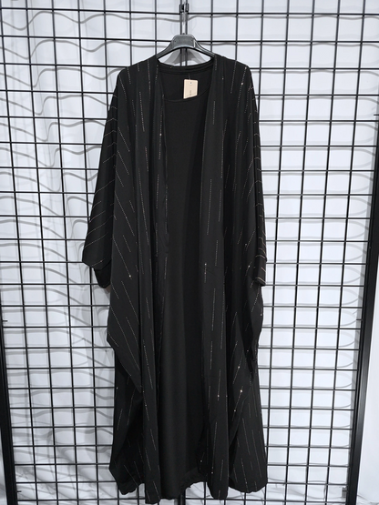 DOB83 - Women's Silky Batwing Style Open Abaya with Sleeveless Inner Slip and Diamante Details on Open Abaya UK8-16