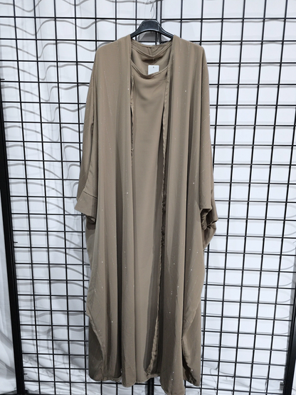 DOB83 - Women's Silky Batwing Style Open Abaya with Sleeveless Inner Slip and Diamante Details on Open Abaya UK8-16