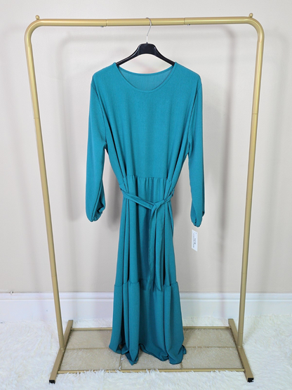 DOB133 - Women's Maxi Tiered Dress with Long Elastic Cuff Sleeves and Waist Belt One Size UK8-18