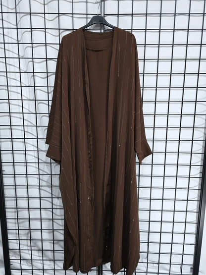 DOB83 - Women's Silky Batwing Style Open Abaya with Sleeveless Inner Slip and Diamante Details on Open Abaya UK8-16