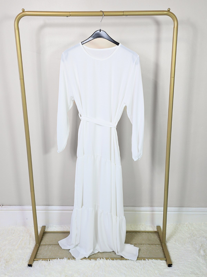 DOB133 - Women's Maxi Tiered Dress with Long Elastic Cuff Sleeves and Waist Belt One Size UK8-18