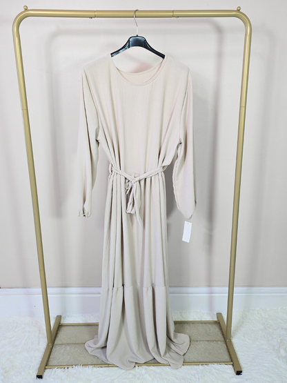 DOB133 - Women's Maxi Tiered Dress with Long Elastic Cuff Sleeves and Waist Belt One Size UK8-18